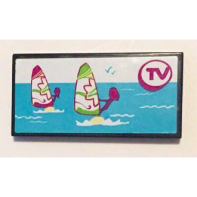 black tile 2 x 4 with windsurfers on tv screen pattern sticker - set 41037