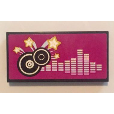 black tile 2 x 4 with black and silver record disks and silver frequency bars on magenta background pattern sticker - set 41058