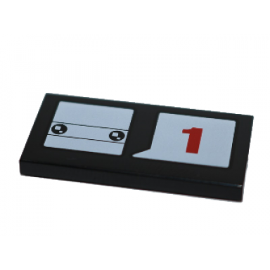 black tile 2 x 4 with white brickheadz head and word balloon with red number 1 pattern