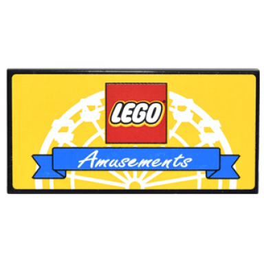 black tile 2 x 4 with lego logo and blue ribbon with white amusements on yellow background with white ferris wheel pattern sticker - set 10244