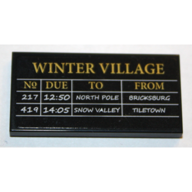 black tile 2 x 4 with winter village and train schedule pattern sticker - set 10259