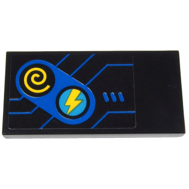 black tile 2 x 4 with blue game controls with yellow lightning bolt and spiral buttons and blue lines on black background pattern sticker - set 71711