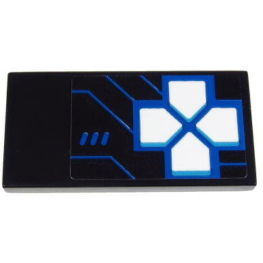 black tile 2 x 4 with blue game controls with 4 white arrow buttons joystick and blue lines on black background pattern sticker - set 71711