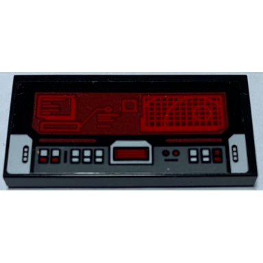 black tile 2 x 4 with sw imperial shuttle control panel buttons and red screen with death star pattern sticker - set 75156