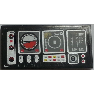 black tile 2 x 4 with airplane gauges and buttons on black background pattern model left side sticker - set 9396