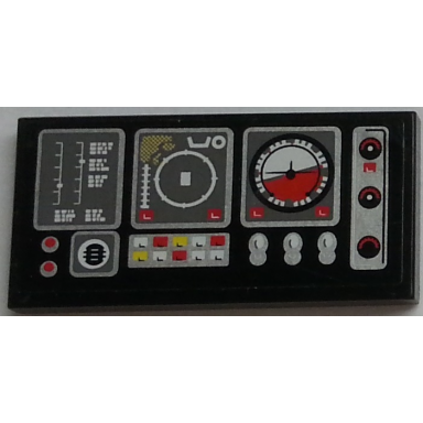 black tile 2 x 4 with airplane gauges and buttons on black background pattern model right side sticker - set 9396