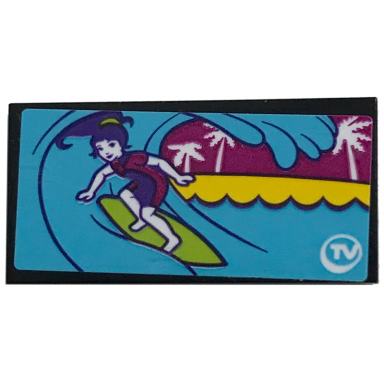 black tile 2 x 4 with girl surfing and tv pattern sticker - set 41317