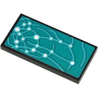 black tile 2 x 4 with dark turquoise curved lines and white dots pattern sticker - set 71705