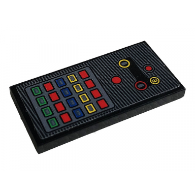 black tile 2 x 4 with control panel with yellow letter e and blue green red and yellow buttons pattern sticker - set 42096