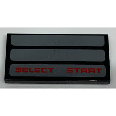 black tile 2 x 4 with three dark bluish gray stripes and red select start pattern