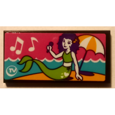 black tile 2 x 4 with mermaid on beach music notes umbrella and tv pattern sticker - set 41313