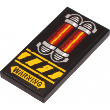 black tile 2 x 4 with warning on double arrow yellow danger stripes and red and silver engine pattern sticker - set 71704