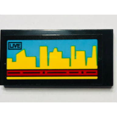 black tile 2 x 4 with video screen live and yellow skyline on medium azure background pattern sticker - set 60102