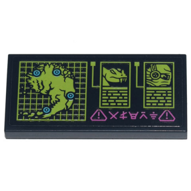 black tile 2 x 4 with computer display with map of ninjago pythor general cryptor and dark pink ninjago logogram alert pattern sticker - set 71741