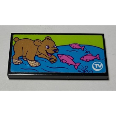 black tile 2 x 4 with bear cub and dark pink fish on tv pattern sticker - set 41339