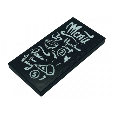 black tile 2 x 4 with white menu minestrone soup pizza of the day and numbers 2 and 3 pattern sticker - set 41379