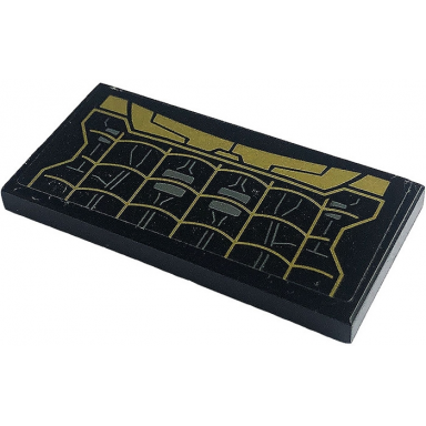 black tile 2 x 4 with dark bluish gray cables gold spider web and armor plates pattern sticker - set 76195