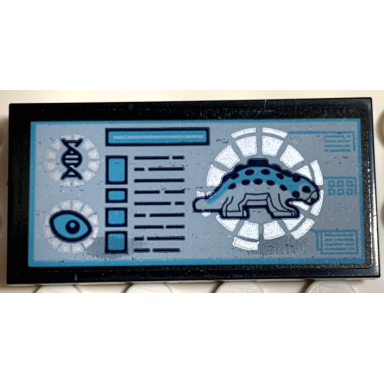 black tile 2 x 4 with ankylosaurus dinosaur eye and dna double helix pattern sticker - set 75939