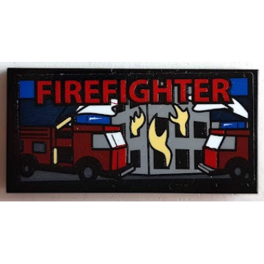 black tile 2 x 4 with screen with firefighter building and fire trucks pattern sticker - set 60215