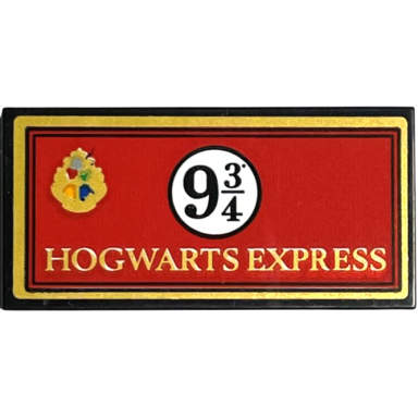 black tile 2 x 4 with gold hogwarts express crest and black 9 3 4 on white circle on red background with border pattern sticker - set 76405