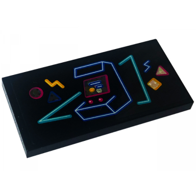 black tile 2 x 4 with neon sign with medium azure triangle and medium blue arcade machine pattern sticker - set 41708