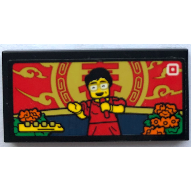 black tile 2 x 4 with singing minifigure with red microphone and orange flowers pattern sticker - set 80108