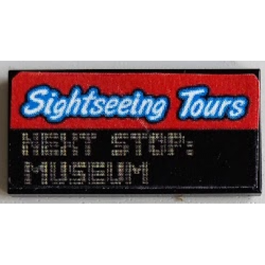 black tile 2 x 4 with sightseeing tours on red stripe and next stop: museum pattern sticker - set 60200