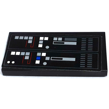 black tile 2 x 4 with sw inquisitor transport scythe control panel with light bluish gray white and blue dots and squares pattern sticker - set 75336