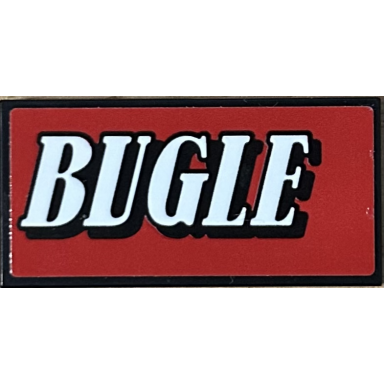 black tile 2 x 4 with white bugle on red background pattern model left side sticker - set 76178
