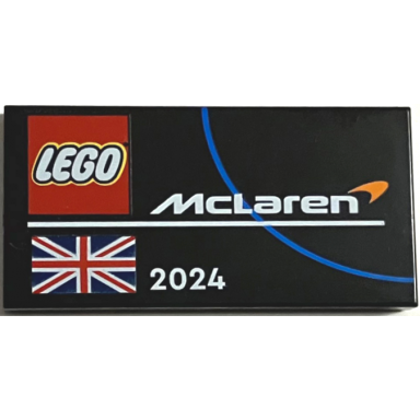black tile 2 x 4 with lego and mclaren logos united kingdom flag union jack and white 2024 pattern