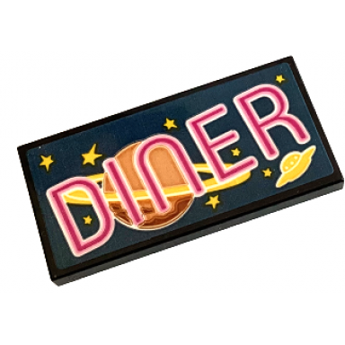 black tile 2 x 4 with magenta and bright pink diner stars ufo and planet with rings on dark blue background pattern sticker - set 40687
