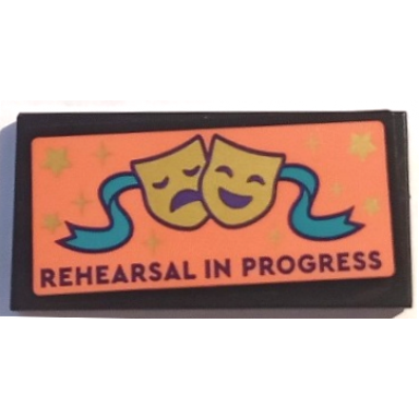 black tile 2 x 4 with rehersal in progress dark turquoise banner gold stars and tragedy comedy theater masks on coral background pattern sticker - set 41714