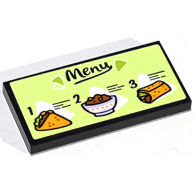 black tile 2 x 4 with dark blue menu with taco bowl burrito and number 1 2 and 3 on yellowish green background pattern sticker - set 41747