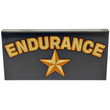 black tile 2 x 4 with gold and dark orange endurance and star pattern