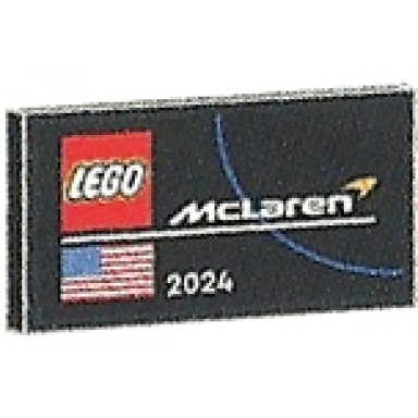 black tile 2 x 4 with lego and mclaren logos united states of america usa flag and white 2024 pattern