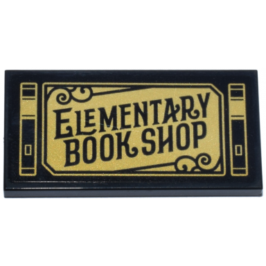 black tile 2 x 4 with gold sign elementary book shop and filigree pattern sticker - set 10351