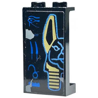 black panel 1 x 2 x 3 with side supports - hollow studs with hieroglyphs and half anubis mask pattern left sticker - set 7327