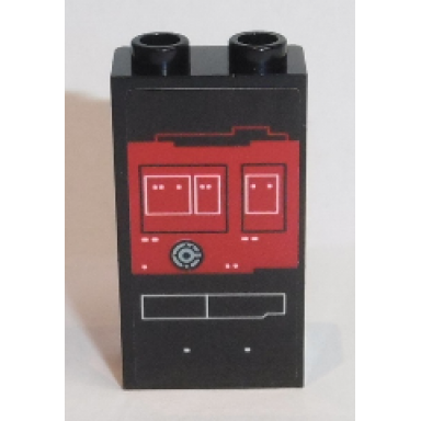black panel 1 x 2 x 3 with side supports - hollow studs with red screen with white rectangles and buttons pattern sticker - set 75190