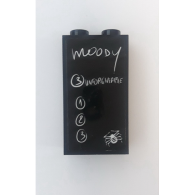 black panel 1 x 2 x 3 with side supports - hollow studs with moody unforgiveable numbers in white circles and spider pattern sticker - set 75948