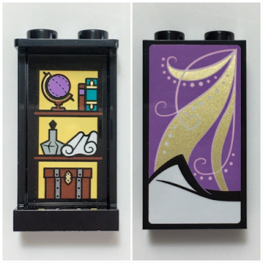 black panel 1 x 2 x 3 with side supports - hollow studs with medium lavender blanket with gold highlights on outside and shelves with globe books scroll bottle and box on inside pattern stickers - set 41196