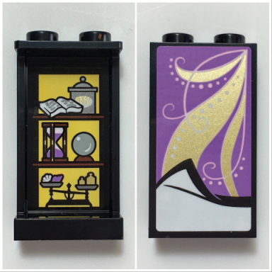 black panel 1 x 2 x 3 with side supports - hollow studs with medium lavender blanket with gold highlights on outside and shelves with book jar hourglass crystal ball and scales on inside pattern stickers - set 41196