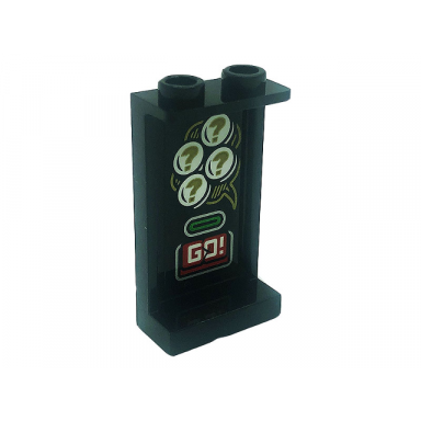 black panel 1 x 2 x 3 with side supports - hollow studs with red button with white go! and gold question marks pattern on inside sticker - set 80020