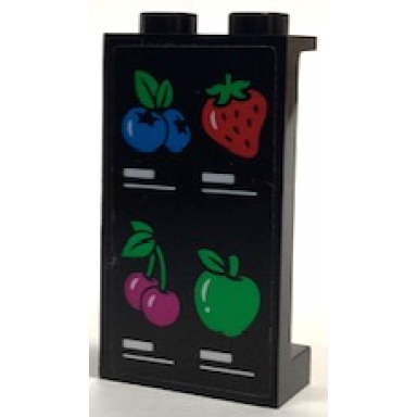 black panel 1 x 2 x 3 with side supports - hollow studs with fruit menu dark azure blueberries red strawberry magenta cherries and bright green apple pattern sticker - set 60384