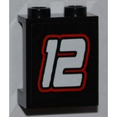 black panel 1 x 2 x 2 with side supports - hollow studs with white 12 with red outline pattern sticker - set 8228
