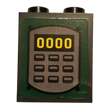 black panel 1 x 2 x 2 with side supports - hollow studs with dark bluish gray security code panel buttons and 0000 pattern sticker - set 76120
