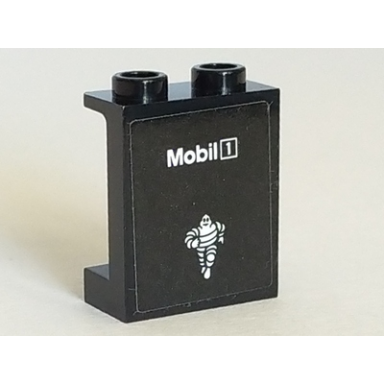 black panel 1 x 2 x 2 with side supports - hollow studs with mobil 1 and michelin man logo pattern sticker - set 75887