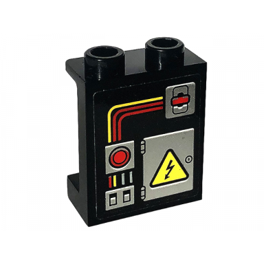 black panel 1 x 2 x 2 with side supports - hollow studs with red and yellow electrical switches and wires and warning sign on door pattern sticker - set 60319