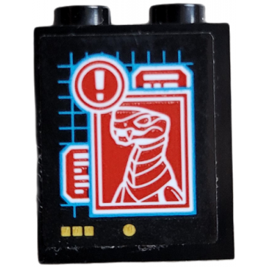 black panel 1 x 2 x 2 with side supports - hollow studs with display screen with buttons grid text boxes exclamation mark and boa destructor minifigure pattern sticker - set 71767