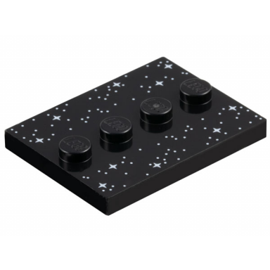 black tile modified 3 x 4 with 4 studs in center with white dots and sparkles stars pattern