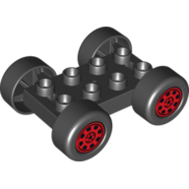 black duplo car base 2 x 4 with black tires and red rally wheels pattern 88760 88762c01pb01